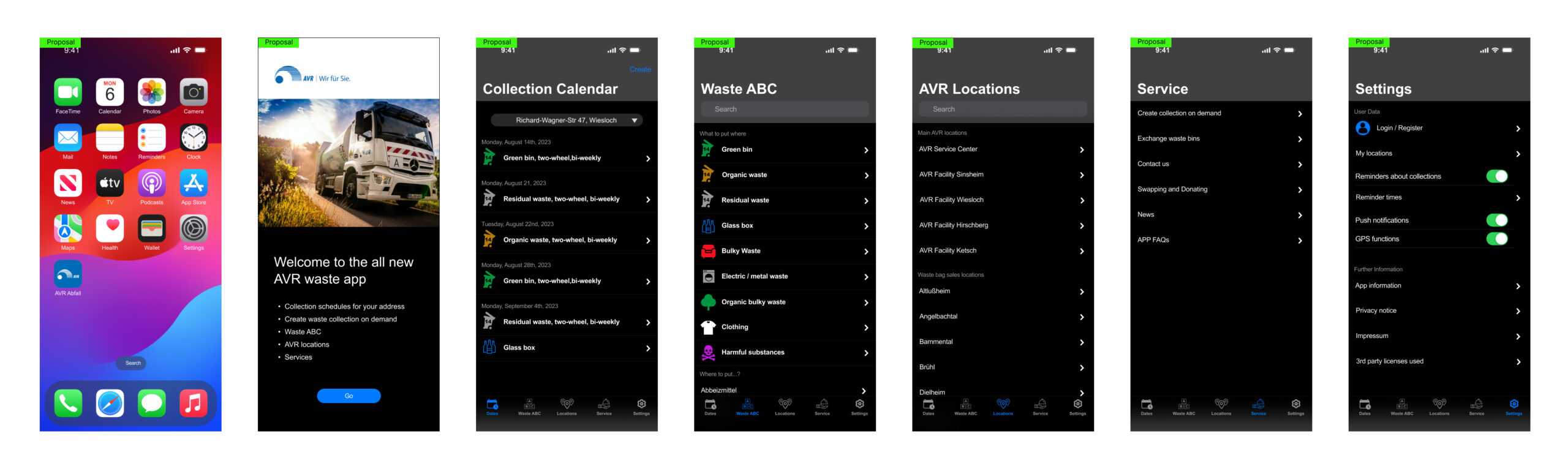 AVR Abfall - HiFi mockups of suggested app flow