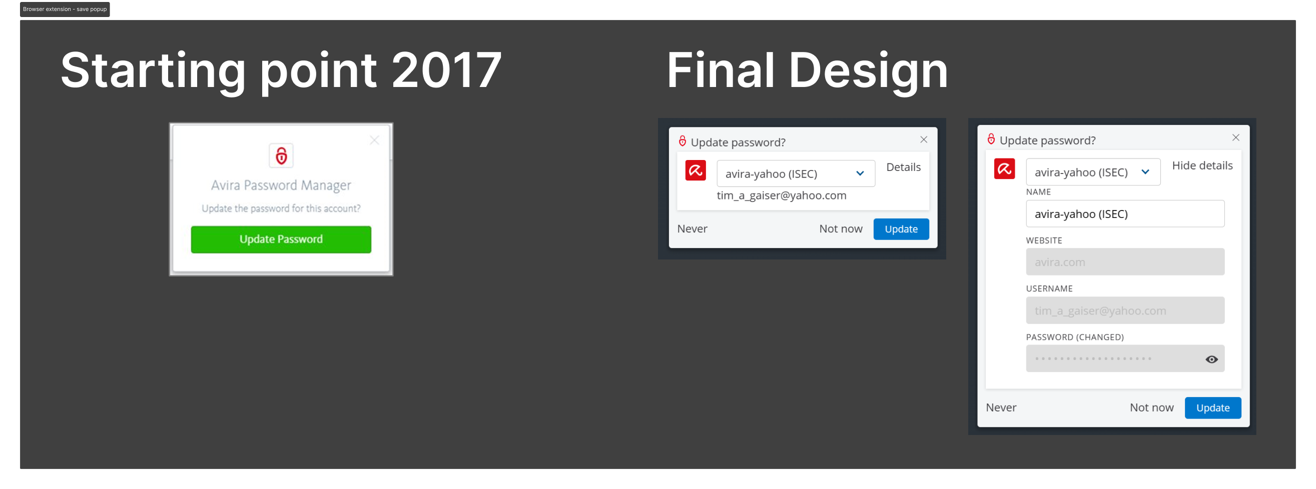 Avira Password Manager - Browser Extension - Save Popup - old vs improved design
