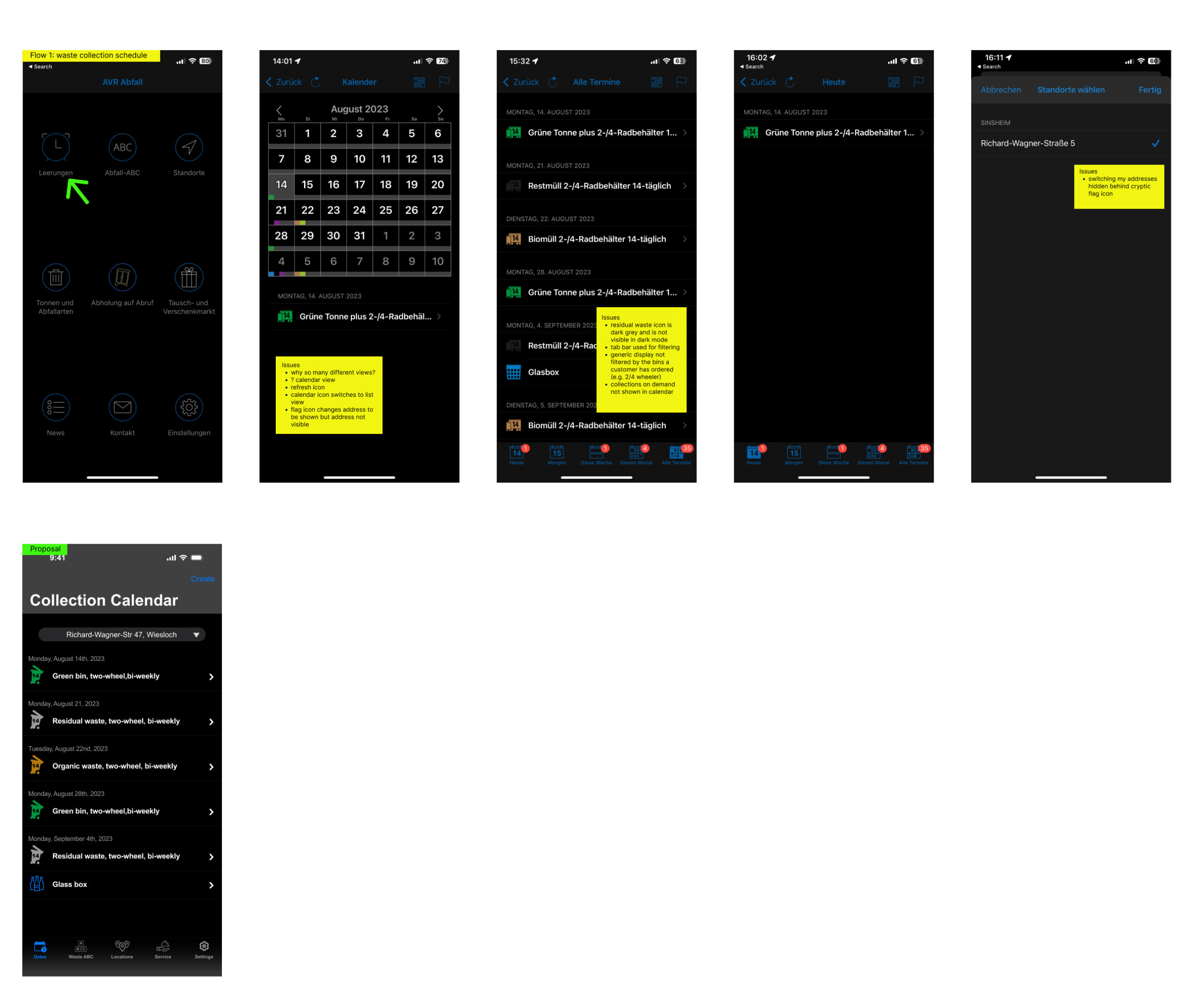 AVR Abfall-existing app flow of collection calendar with issues highlighted