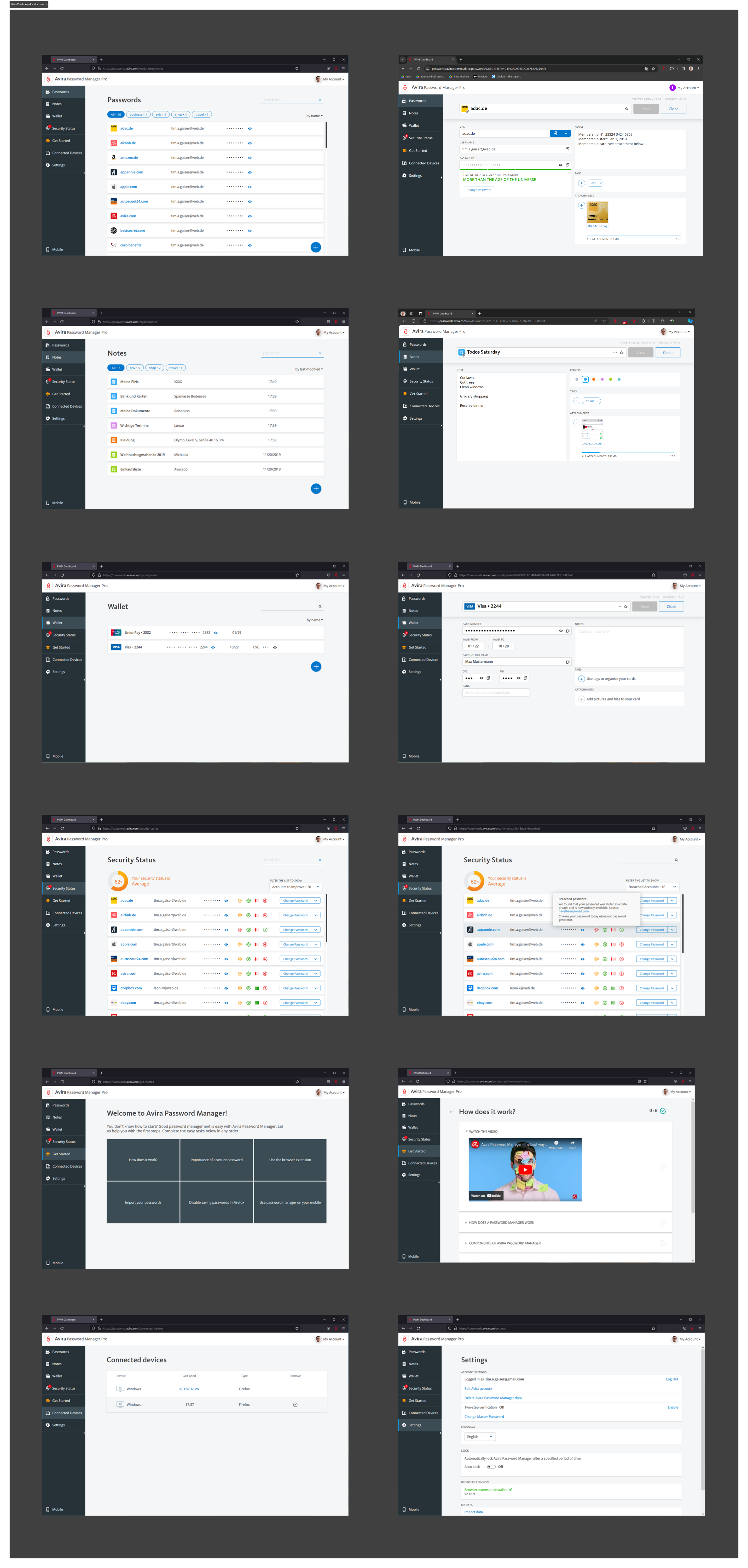 Avira Password Manager -Web Dashboard - Most important UIs