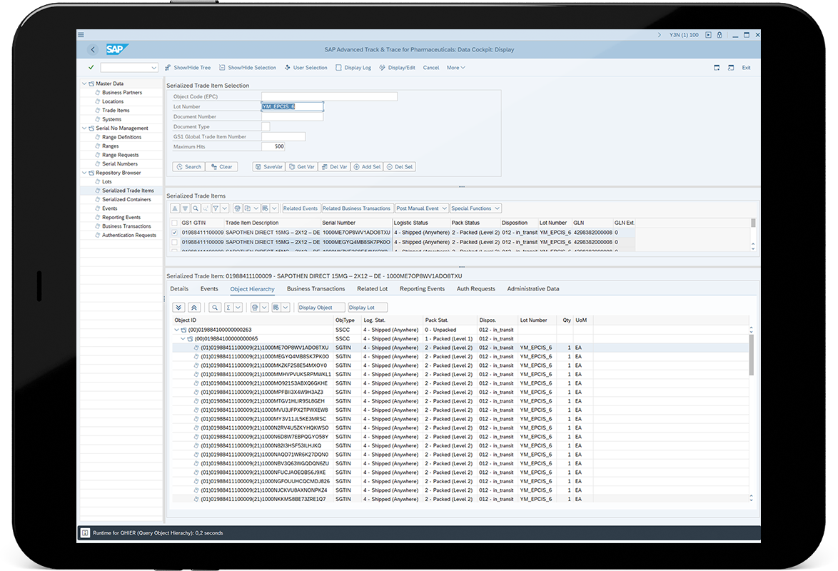 Screenshot of SAP Track and Trace for Pharmaceuticals Data Cockpit