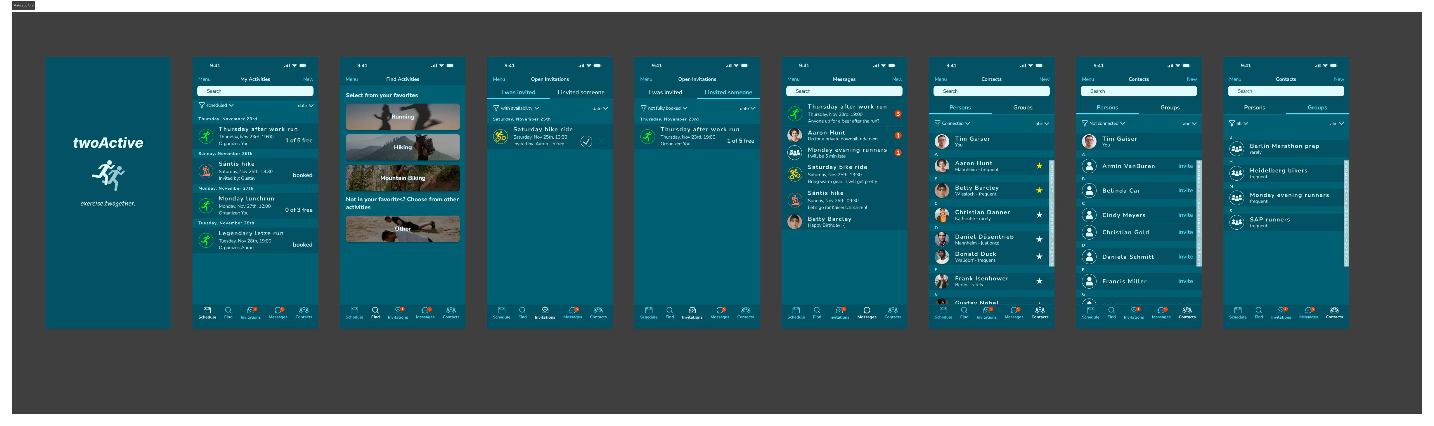 App twoActive: main app flow in dark mode