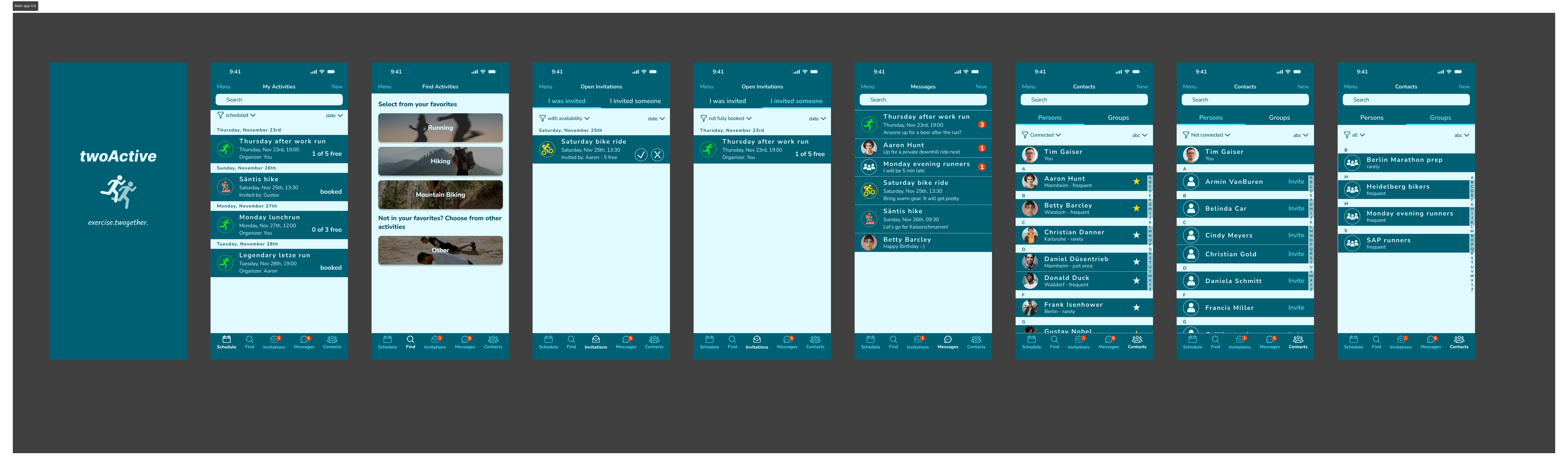 App twoActive: main app flow in light mode